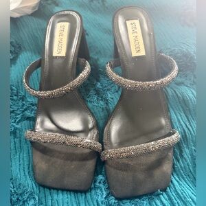 Steve Madden Black Beaded Double-Strap Block Heels